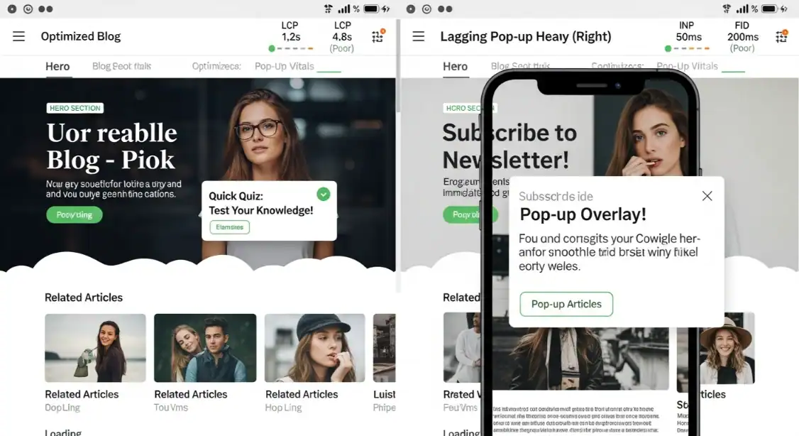Blog bounce rate comparison: optimized vs. slow, pop-up heavy site.